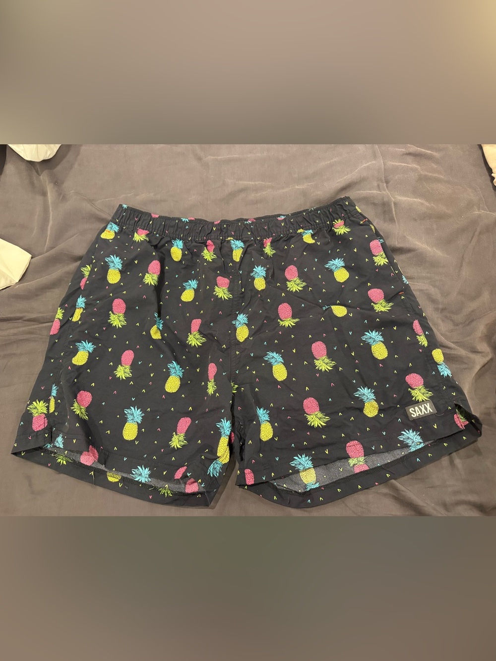 Saxx Black Swim Trunks with Yellow, Pink and Blue Pineapple Print
